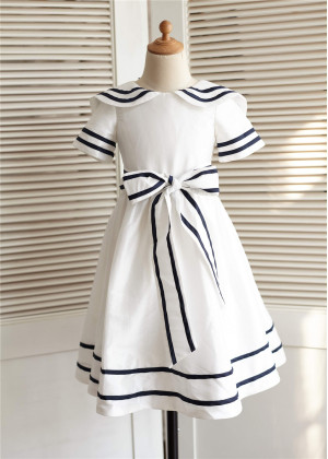 Ivory Navy Blue Stripe Taffeta Knee Length Flower Girl Dress